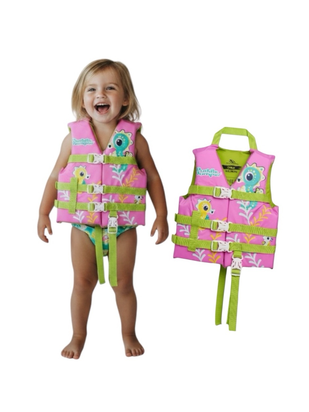 Puddle Jumper Kids One-Piece Swim Vest – Pink with Green Trim